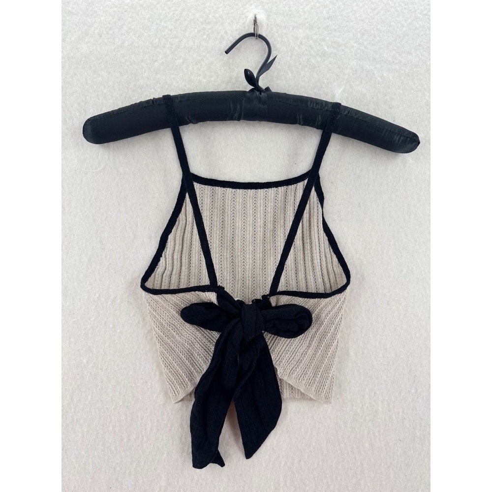Promesa - Knit Cami Top Ribbed Open Back Bow - Oatmeal Black - XS - Womens